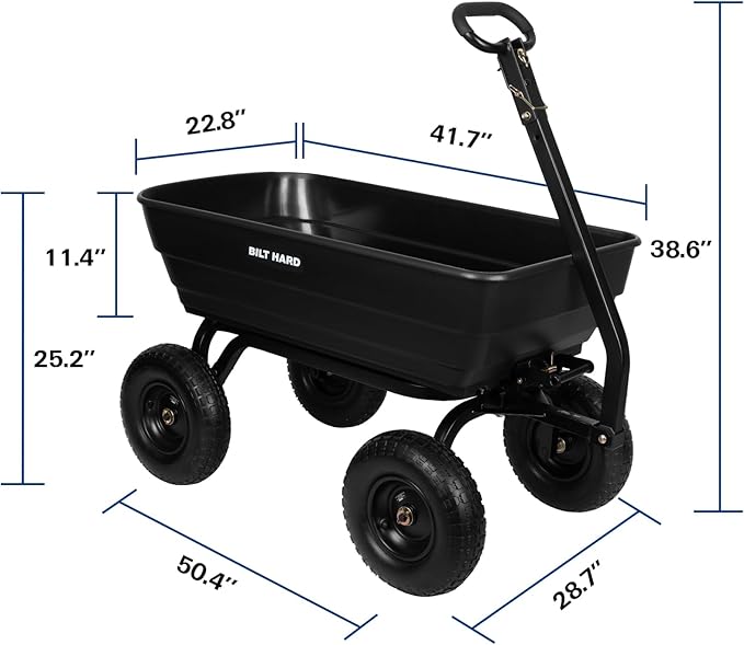 BILT HARD 1200 lbs 7 Cu Ft Poly Garden Dump Cart with 2-in-1 Convertible Handle, Quick Release, Dump Wagon Heavy Duty for Yard, Outdoor