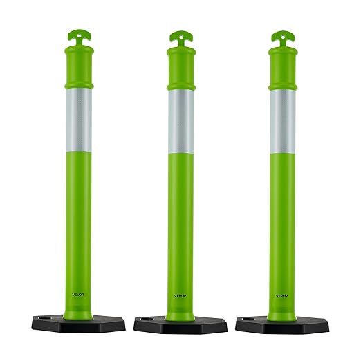VEVOR 3 Pack Traffic Delineator Posts, 48 inches Traffic Safety Cones with Weighted Base and Reflective Strips, Heavy Duty Delineator Posts for Construction Site, Parking Lot, Crowd Control, Green