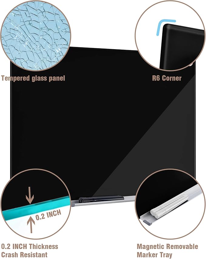 Mifuro Magnetic Glass Whiteboard，36"x24" Wall Mounted Frameless Dry Erase Board for Office, Home & School Black