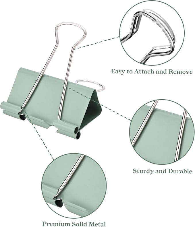 Temiary Aesthetic Binder Clips, 40 Pcs 0.75 Inches Small Metal Binder Clip with Clear Storage Container, Binding Paperwork Clamps for School Teachers Office Supplies (Green)