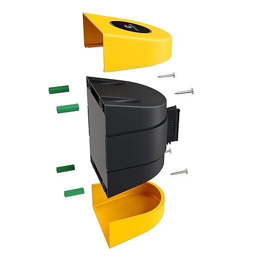Crowd Control Warehouse - CCW Series WMB-230 Fixed Wall Mount Retractable Belt Barrier - 30 Foot, Black and Yellow Safety Belt with Yellow ABS Case, Crowd Control Barriers