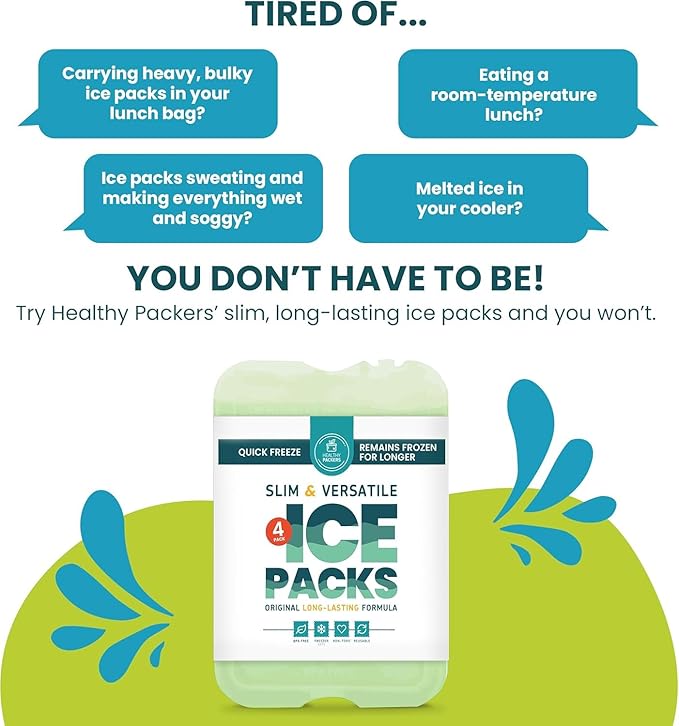 Healthy Packers Reusable Ice Packs for Lunch Boxes - Long Lasting Slim Freezer Packs, Thin Non-Toxic BPA-Free Hard Gel Ice Blocks for Coolers, Kids & Adults Lunch Bags, Travel, Camping, Food Storage