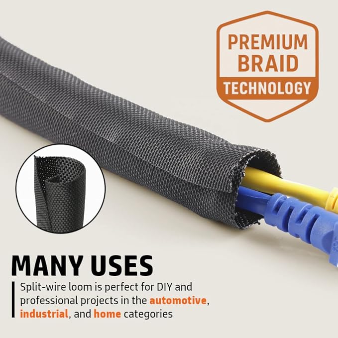 MGI SpeedWare Woven Mesh Split-Sleeve Wire Loom for High-Temperature Automotive Harness and Home Cable Management - 25 feet (1/8")