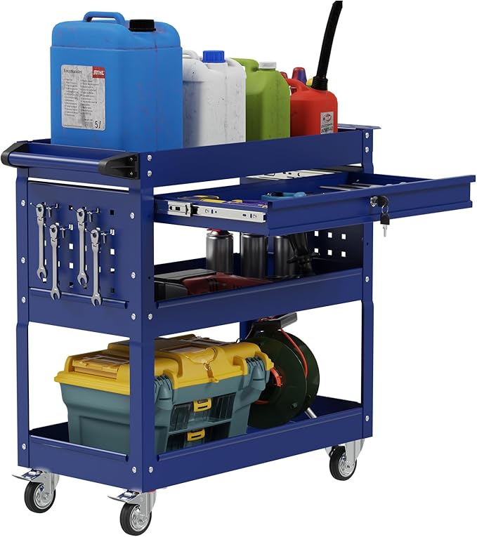 3 Tier Rolling Tool Cart On Wheels, Heavy-Duty Utility cart Service Cart with Locked Drawers for Garage, Warehouse, Repair Shop, Workshop