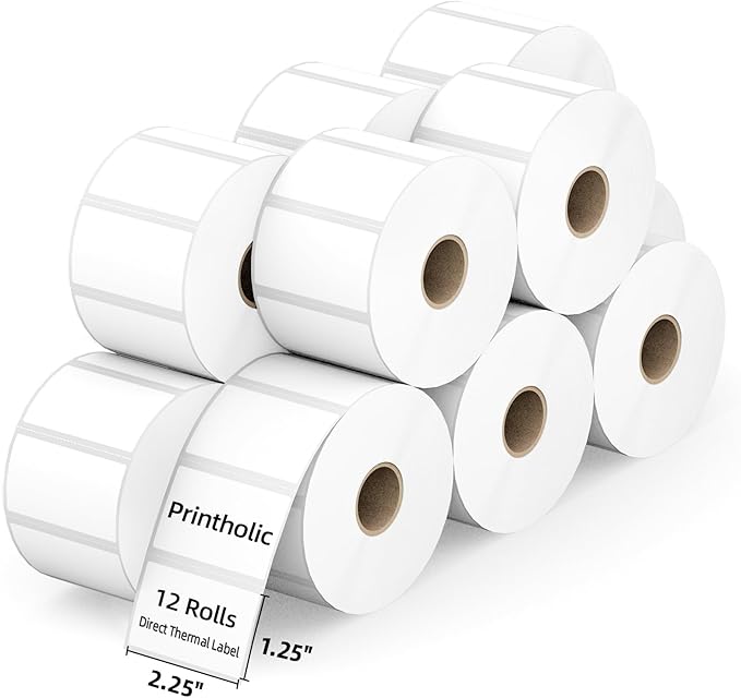 12 Rolls 2.25" x 1.25" Direct Thermal Labels, Perforated Barcode Address Stickers, Self-Adhesive Shipping Labels Compatible with Zebra, Rollo & Munbyn (1000 Labels/Roll)