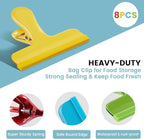 HOUSE AGAIN 8 Pack Stainless Steel Chip Bag Clips Covered with Silicone - NO More Sharp Edges - Color Coded for Food Bags - Air Tight Seal, Heavy Duty, 3 Inches Wide, Red, Yellow, Blue, Green