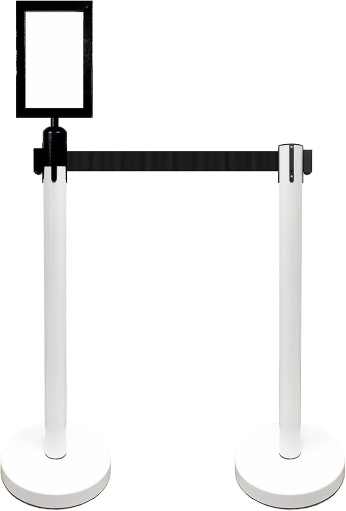 Retractable Stanchion, 6 SPECIALTY Posts + Signframe, 36" Ht, 78" Special Event & Holiday Theme Belt + Bonus Replacement Cassettes + Wall Receiver (WHT Post/Black Belt)