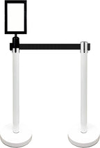 Retractable Stanchion, 6 SPECIALTY Posts + Signframe, 36" Ht, 78" Special Event & Holiday Theme Belt + Bonus Replacement Cassettes + Wall Receiver (WHT Post/Black Belt)