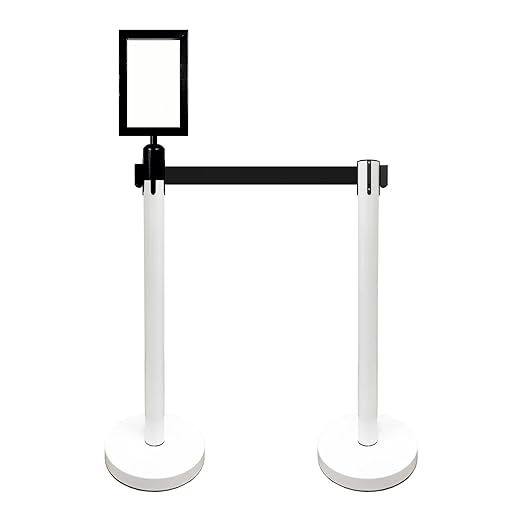 VIP Crowd Control Retractable Belt Stanchion Queue Safety Barrier Set, 36" Ht, 78" Belt + Wall Bracket (6 WHT Posts Black Belt + SFrame + WBracket)