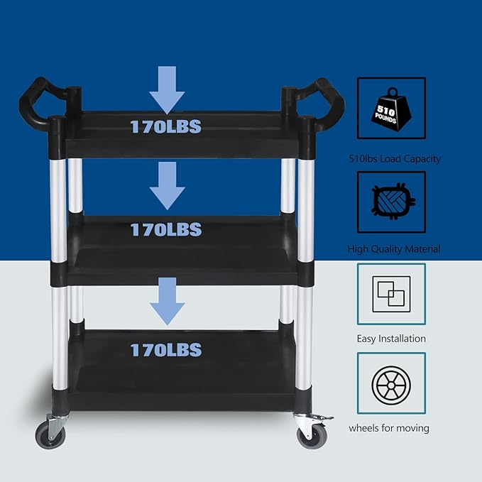 Plastic Commercial Cart Large Size, Restaurant Cart with Wheels Lockable, Heavy Duty Utility Service Cart for Foodservice, Commercial,Office, Warehouse, Black, 40.15X 19.29x 38.97 inches.
