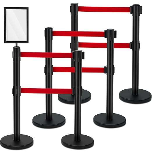 Therwen 6 Pcs Double Retractable Belt Barrier with Stanchion Dual Retractable Safety Belt Heavy Duty Crowd Control Stanchions Stainless Steel Post Holder Safety Barrier Stand (9.8 ft,Black and Red)