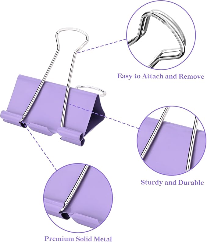 Temiary Aesthetic Binder Clips, 24 Pcs 1.6 Inches Small Metal Binder Clip with Clear Storage Container, Binding Paperwork Clamps for School Teachers Office Supplies (Purple)
