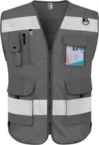 TCCFCCT Hi Vis Vest 9 Pockets High Visibility Reflective Safety Vest for Men Women, Safety Construction Vest with Reflective Strips, Meets ANSI/ISEA Standards, (Grey, Medium)