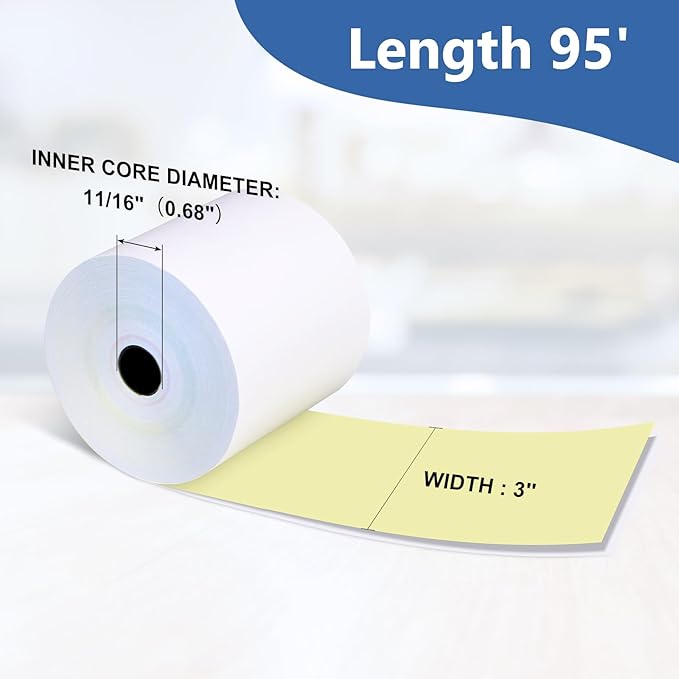 (50 Rolls) 2 Ply Carbonless Rolls 3" X 95 Feet White/Canary Receipt Paper for Restaurants & POS Cash Registers, Kitchen Printer Paper for Star Micronics SP700 SP2000 and more (3" 2 Ply 95' Carbonless)