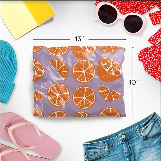 10x13 Poly Mailers – Orange Fruit Design – Waterproof, Tear-Resistant Shipping Bags with Adhesive Seal – 100 Pack – Package Mint