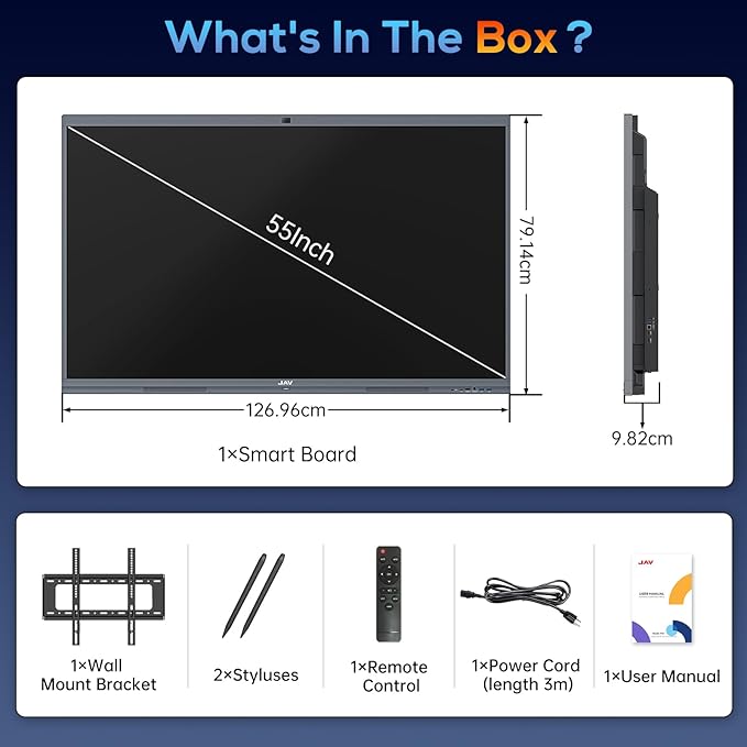 JAV Smart Board Interactive Whiteboard for Classroom Office Home, 4K UHD 8+128GB Touchscreen Smartboard with Built-in EDLA Licensed Android OS & Open App Ecosystem, Wi-Fi & Bluetooth