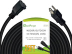 12 Gauge Indoor Outdoor Black Extension Cord Heavy Duty 25 FT, 12 AWG SJTW Electrical Cable, Weather-Resistant Power Cord, Great for Gardenfor, Offices and Lawns