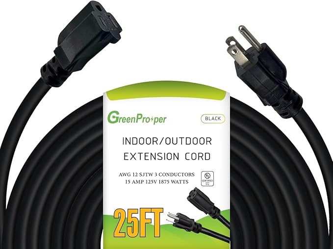 12 Gauge Indoor Outdoor Black Extension Cord Heavy Duty 25 FT, 12 AWG SJTW Electrical Cable, Weather-Resistant Power Cord, Great for Gardenfor, Offices and Lawns