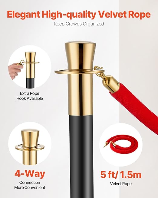 VEVOR Stanchions and Velvet Ropes, 6 Pcs Crowd Control Barriers with 4 Red Velvet Ropes, Stainless Steel Stanchion Post Queue with Sand Injection Hollow Base for Theater, Wedding, Party Supplies
