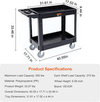 VEVOR Utility Service Cart, 2 Shelf 550LBS Heavy Duty Plastic Rolling Utility Cart, Medium Lipped Shelf, 360° Swivel Wheels, Ergonomic Storage Handle for Warehouse Garage, Black