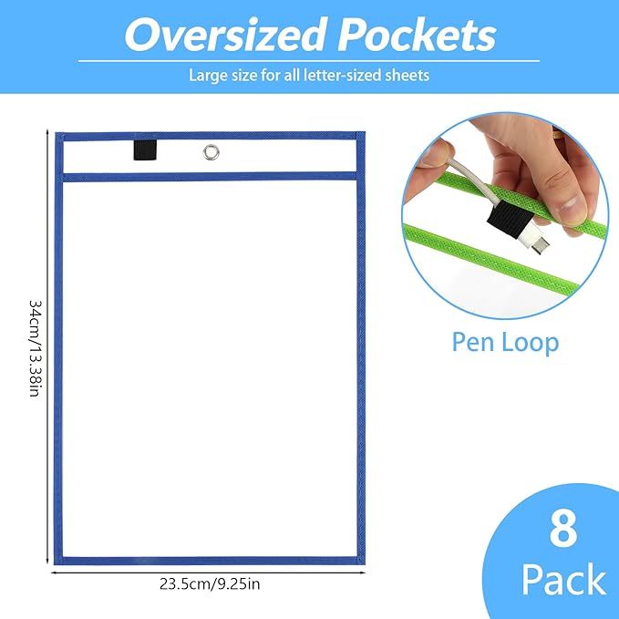 BEVTEE Dry Erase Pocket Sleeves with 1 Ring, 10x14 Inch Clear Plastic Paper Sleeves, Heavy Duty Ticket Holder Pockets, Reusable Sheet Protectors, Teaching Supplies for Classroom Elementary, Pack of 8