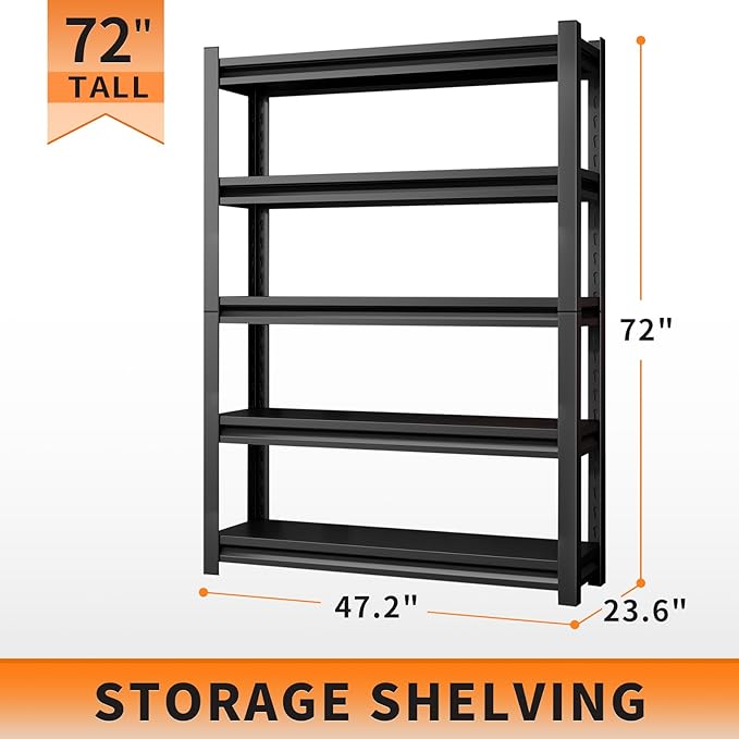 72" H Garage Shelving Units 5-Tier Adjustable Storage Shelves 2500LBS Heavy Duty Metal Shelves Utility Industrial Shelving Rack for Garage Warehouse Pantry Basement,Black (23.6" D×47.2" W×72" H)