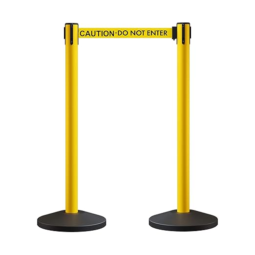 Crowd Control Warehouse CCW Series RBB-100 - Set of 2 Stanchion Retractable Belt Barriers - 11 Foot Caution Do Not Enter Belt, Yellow Post - Easy Assembly