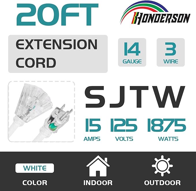 3-Outlets Indoor Outdoor Extension Cord Weatherproof with Lighted End, UL Listed, 14 Gauge 20FT White 3 Prong Heavy Duty, 14/3 SJTW 15A Power Cord