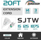 3-Outlets Indoor Outdoor Extension Cord Weatherproof with Lighted End, UL Listed, 14 Gauge 20FT White 3 Prong Heavy Duty, 14/3 SJTW 15A Power Cord