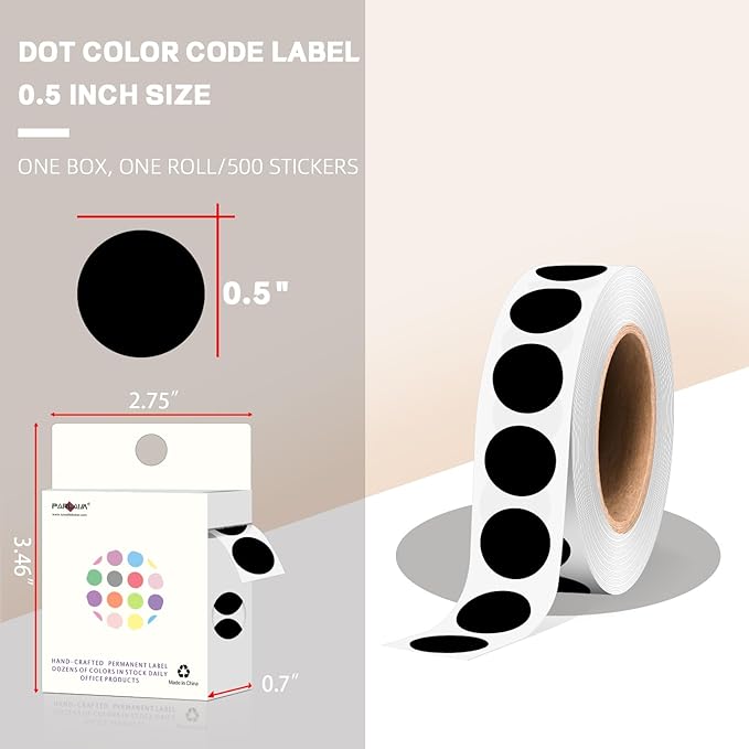 PARLAIM 1/2 Inch Round Adhesive Color-Code Dot Stickers,500 Stickers Inventory Dots Label in Dispenser Box,Black Circle Coding Labels for Office Home(Black)