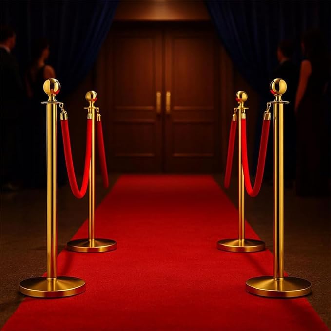 8PCS Stanchion Posts with 6 Red Velvet Ropes, Crowd Control Barriers with Weighted Base, Stainless Steel Queue Poles for Events, Parties, Museums, Red Carpet, Theaters, and Hotels