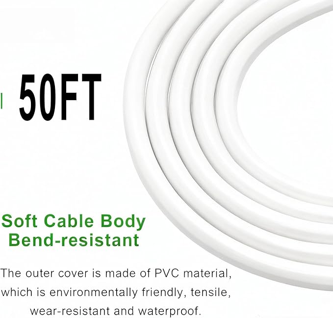 Outdoor Extension Cord 50ft, White Waterproof Extension Cord 16 Gauge 2 Prong Power Cable, 50ft Heavy Duty Power Cord for Yard, Garden,Lights(13A 125V)