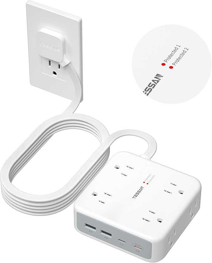 TESSAN Surge Protector Power Strip, 15 Ft Extension Cord Flat Wall Plug with 4 USB (2 USB C) 8 Outlets, 2100J Dual Surge Protection, 20W Desk Charging Station for Home, Office, Dorm Room Essentials
