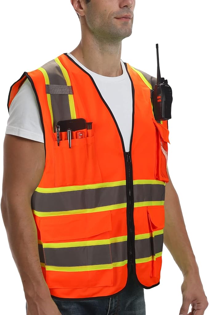 9 Pockets High visibility Class 2 Safety Vest，Hi Vis Vest with 2 inch wide Reflective Strips security vest with Zipper construction work vest for men &women Orange，XL