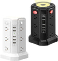 Surge Protector Power Strip Tower with 5 USB Ports and Night Light, 10FT Extension Cord with 12 AC Multiple Outlets, PASSUS Power Tower, Overload Protection for Home Office Dorm Room (2PC-White+Black)
