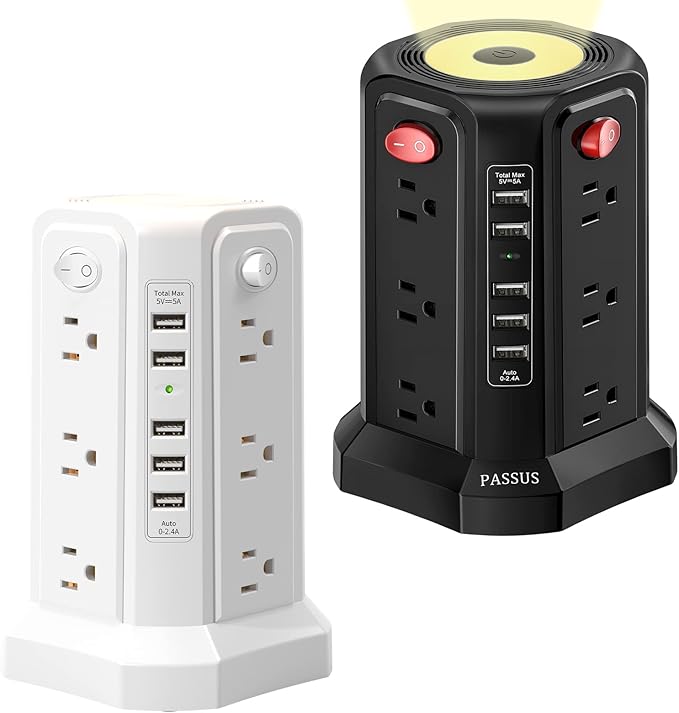 Surge Protector Power Strip Tower with 5 USB Ports and Night Light, 10FT Extension Cord with 12 AC Multiple Outlets, PASSUS Power Tower, Overload Protection for Home Office Dorm Room (2PC-White+Black)