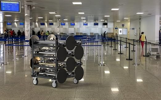 Trafford Industrial Stanchion Post Cart, 12 Posts, Horizontal Padded Storage and Locking Wheels for Safety