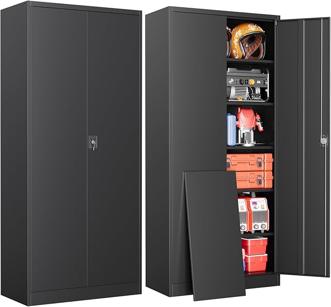 Metal Garage Storage Cabinets with Lock, 71" Tall Tool Cabinet with 2 Door and 5 Adjustable Shelves, Locking Garage Cabinets and Lockable Steel Locker for Home Office Warehouse - (Black-71”H)