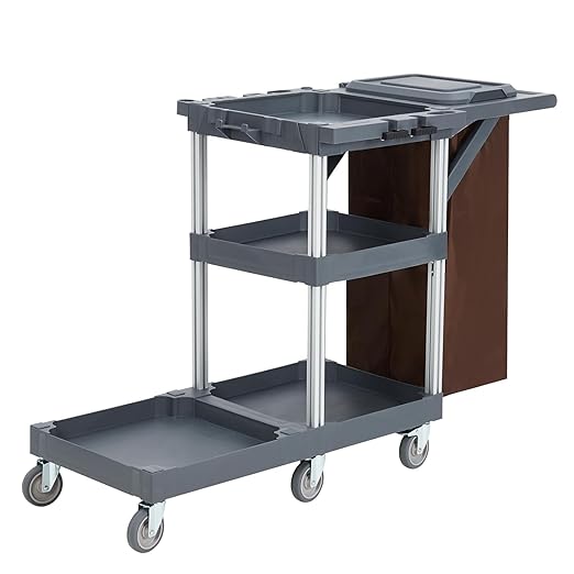Commercial Traditional Janitorial Cleaning Cart on Wheels with Cover and Vinyl Bag, Housekeeping Carts for Hotels, Stores, Schools, and Business, Gray