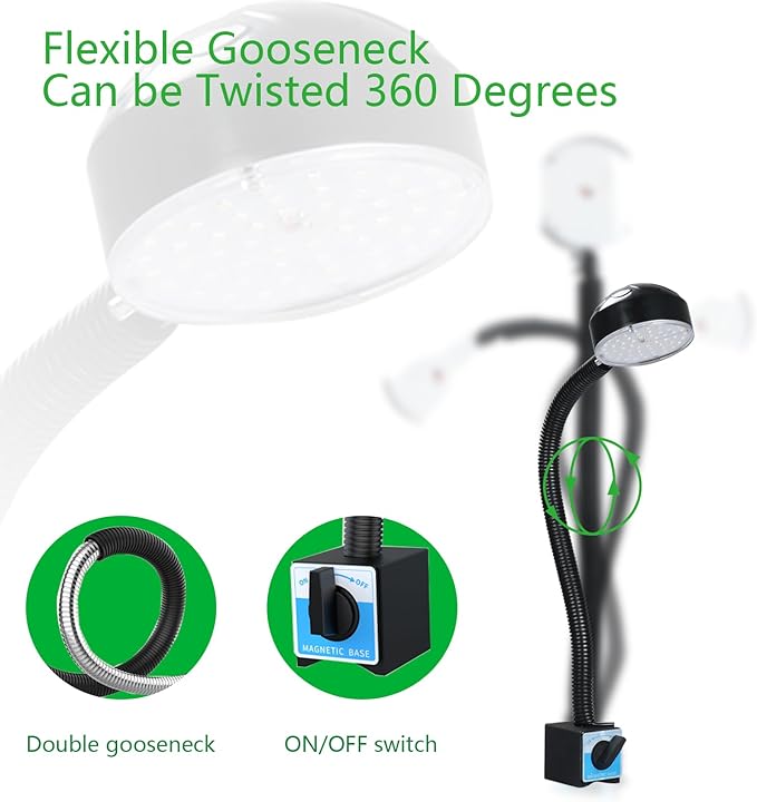 LED Magnetic Work Light with Flexible Gooseneck, 20W 2000 Lumens 6500K 110V US Plug, Machine Lathe Light with On/Off Magnetic Base for Work Bench, Sewing Machine, Lathe Workbenches