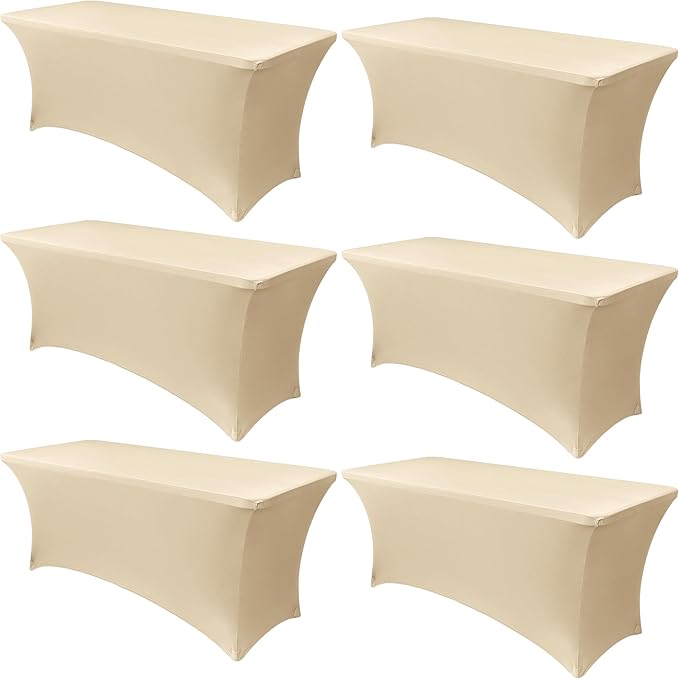 Obstal 6 Pack Stretch Spandex Table Covers for 6 Foot Tables - 6 FT Universal Rectangular Fitted Tablecloth Protector for Wedding, Banquet, Party (Champagne, 72 Length x 30 Width x 30 Height Inches)