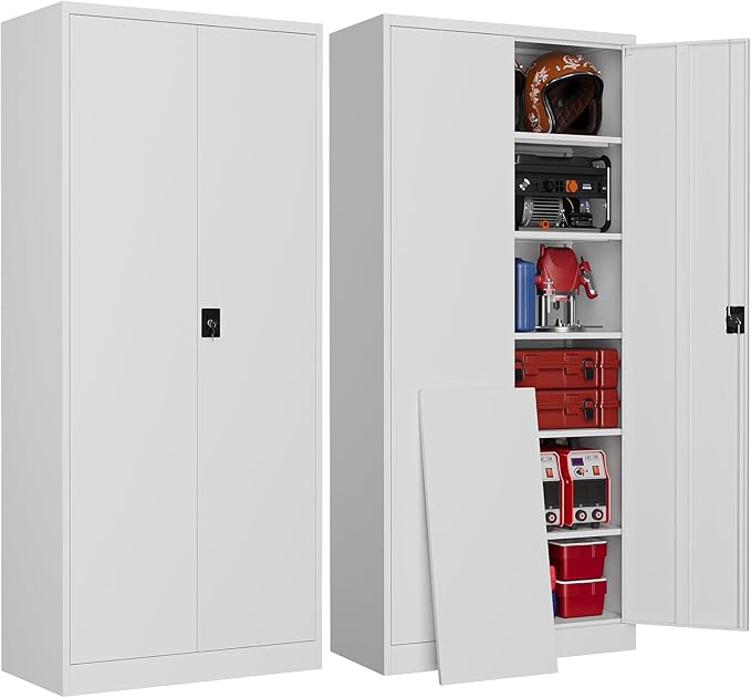 Metal Garage Storage Cabinets with Lock, 72" Tall Tool Cabinet with 2 Door and 5 Adjustable Shelves, Locking Garage Cabinets and Lockable Steel Locker for Home Office Warehouse - (White-72”H)
