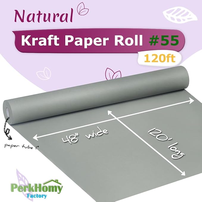 PerkHomy 48" x 1,440" (120') Light Grey Kraft Paper Roll for Craft Bulletin Board Paper Art Table Covering Crafting Gift Wrapping Bouquet Packing Parcel 80GSM 55LB (Light Grey, 48" x 120')