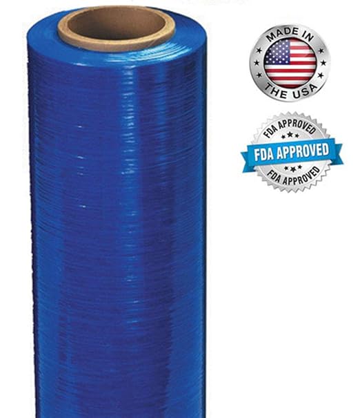 APQ 4 Rolls of Blown Hand Stretch Film 18" x 1500'. Blue Hand Stretch Wrap, 80 Gauge. Tear Resistant Residue Free Film for Moving, Shipping, Wrapping. Industrial Grade Pallet Shrink Wrap Film.
