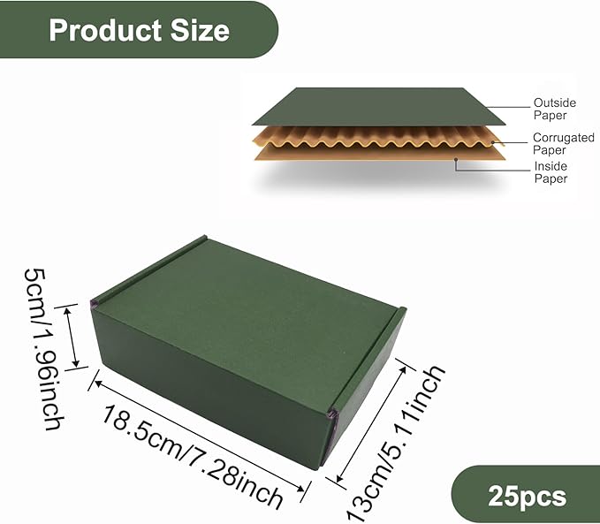 25 Pack Corrugated Packaging Box Mailers Shipping, Green Recyclable Cardboard Small Gift Mailer Boxes for Shipping Packaging Craft Gifts Giving Products, Green (7.2 x 5.2 x 2 Inch)