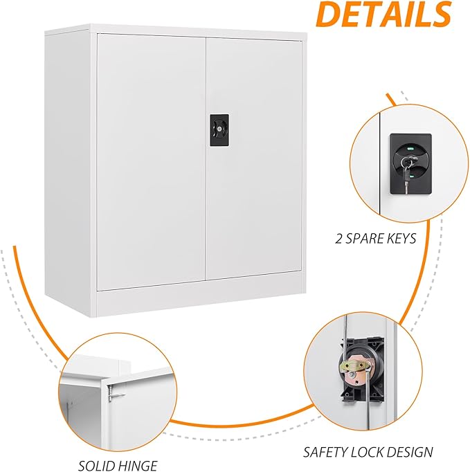 Metal Storage Cabinet, Lockable Storage Cabinet with 2 Doors and Shelves, Metal Cabinet with Lock, Small Lockable for Home Office(White)