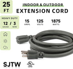EP 25 Ft Outdoor Extension Cord, 12/3 SJTW Heavy Duty Extension Cable with 3 Prong Grounded Plug, 15 AMP Power Cord for Lawn, Garden, Appliances, Gray