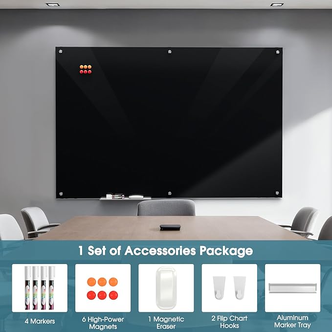 MaxGear Glass Whiteboard 72" x 48"(6' x 4') Wall Mounted, Magnetic Black Dry Erase Board with 1 Eraser, 1 Accessory Tray, 4 Markers and 6 Magnets, Extra Large Frameless Board for Office, School, Home