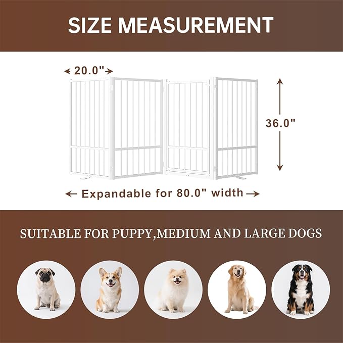 4 Panels Full Metal Freestanding Dog Gates with Door, 80” W x 36” H Folding Pet Gate Fence with Support Feet for Indoor,Stairs, Hallways and Doorways(White)