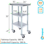AmGood Stainless Steel Work Table with 2 Shelves and Casters | Metal Utility Table On Wheels (Stainless Steel Work Table with 2 Shelves + Casters, 15" Long x 24" Deep)